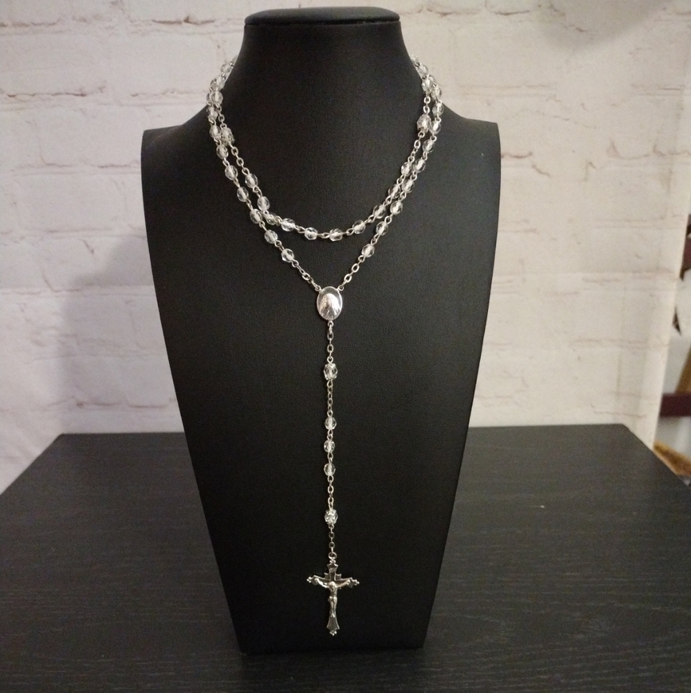 VTG Faceted Clear Glass Bead Silver Tone Catholic Rosary Virgin Mary 19" Italy